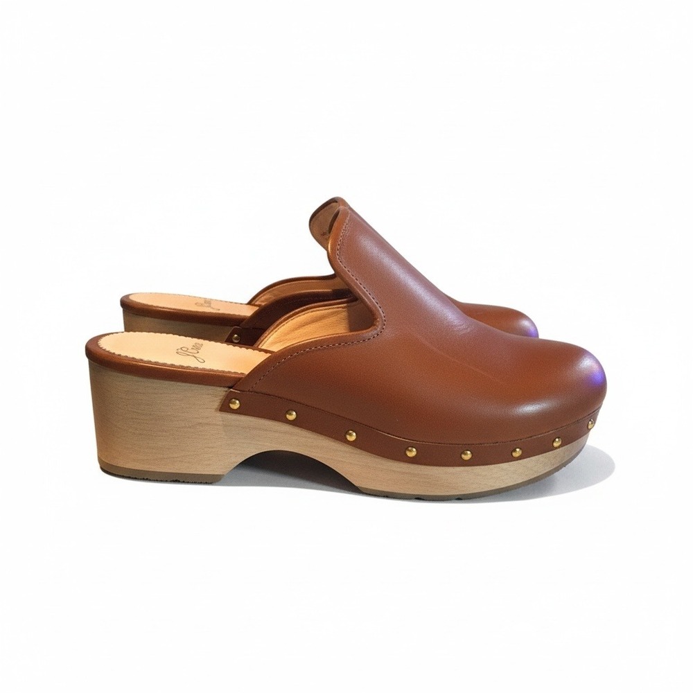 J.Crew Leather Wooden Platform Clogs Brown Studded Mules AQ675 Womens Size 7
